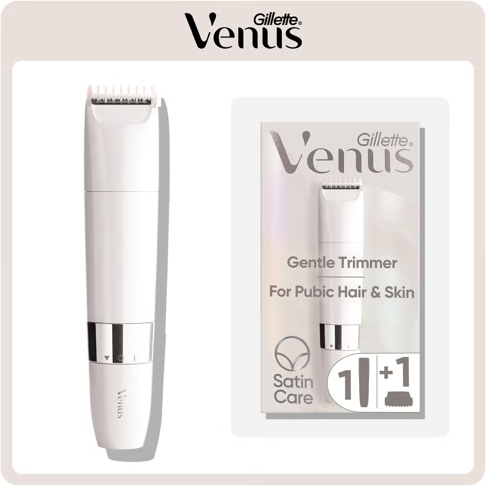 Gillette Venus Gentle Trimmer for pubic hair and skin, shown with 1+1 accessories